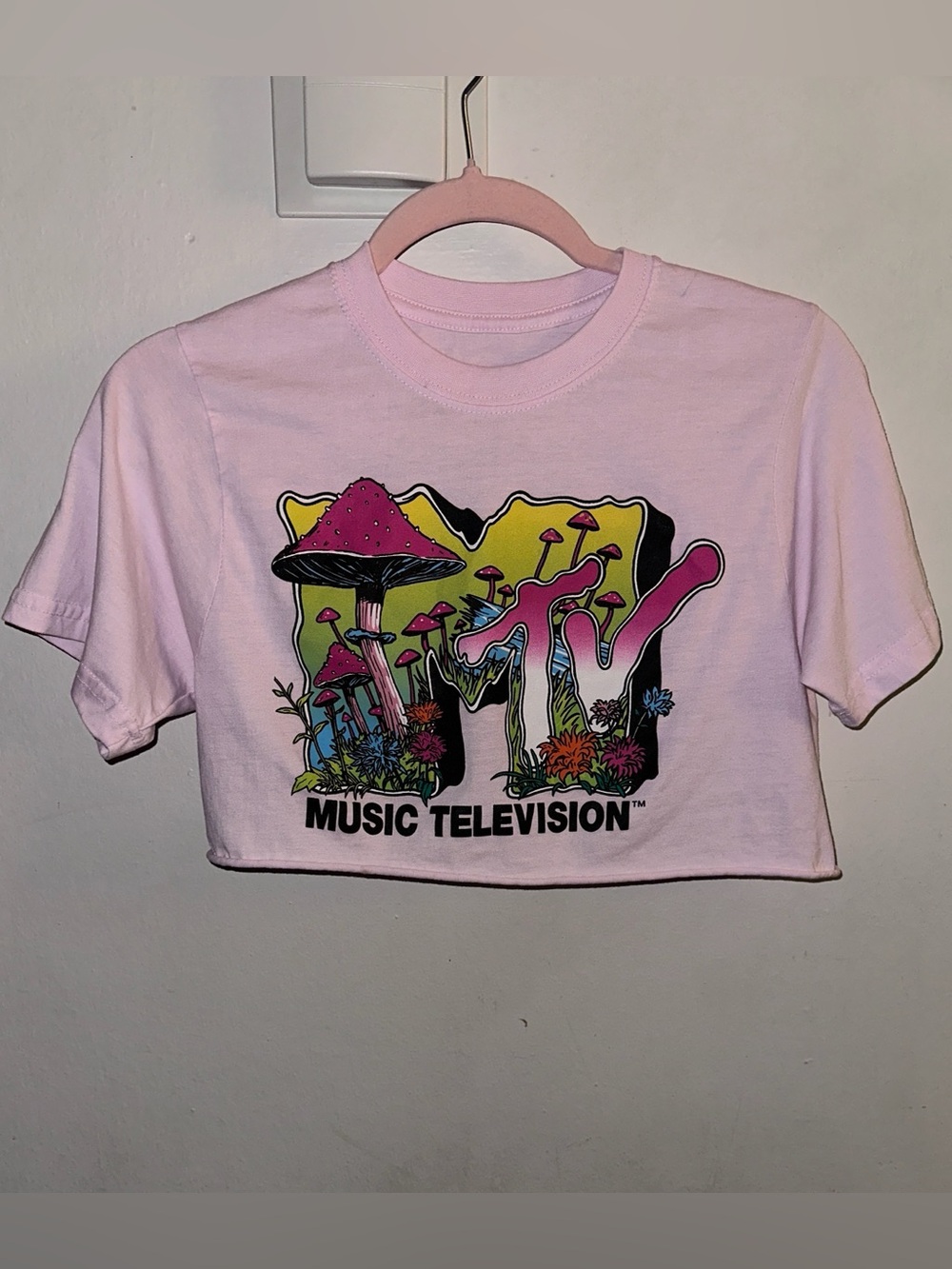 MTV Pink Crop Tee with Colorful Mushroom Graphic